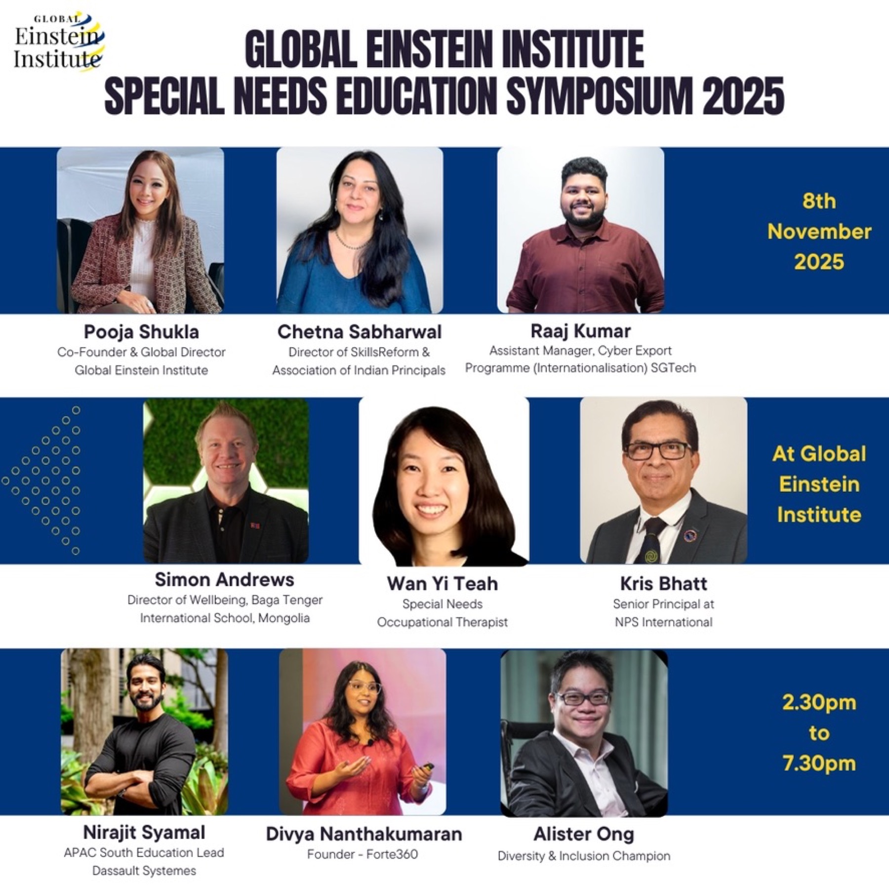 Global Einstein Institute special needs education symposium poster featuring Chetna Sabharwal